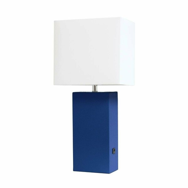 Feeltheglow Modern Leather Table Lamp with USB & White Fabric Shade, Blue FE2519841